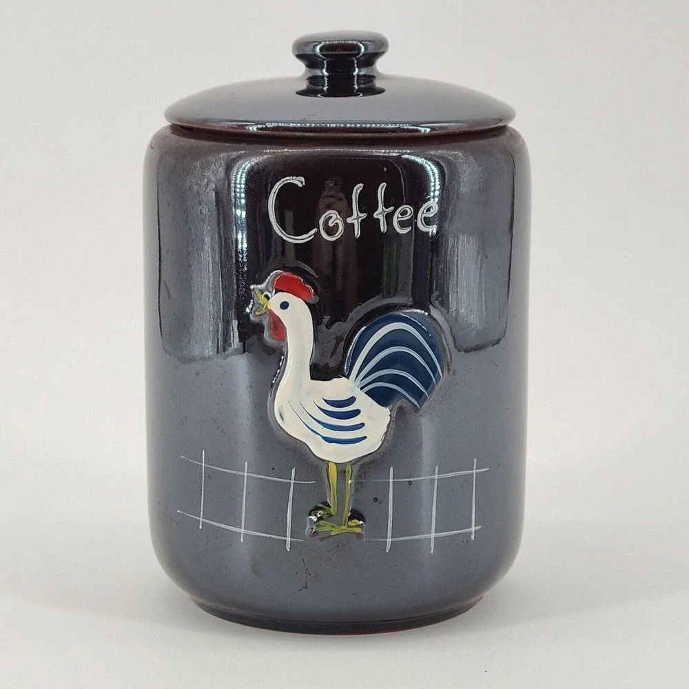 Ceramic Lusterware Hand Painted Rooster Canister Set Coffee Tea